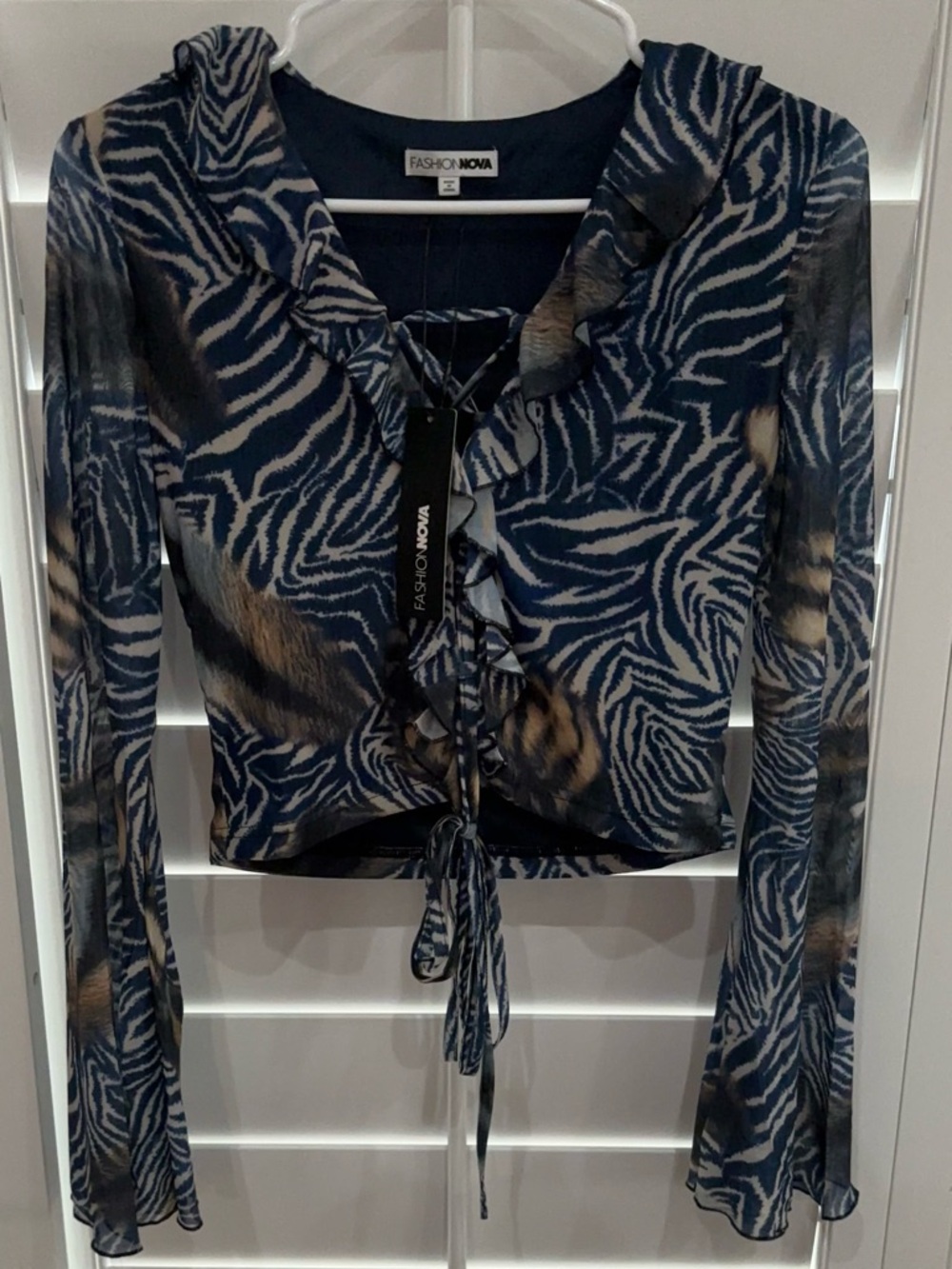 Fashion Nova Navy Zebra Lace-Up Sheer Crop Top with Brown Accents